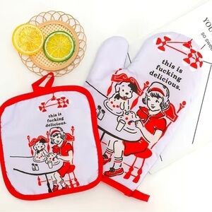 1 Set, Cotton Oven Mitts, Non-Slip Grip Printed Heat Resistant Mitts